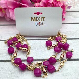 Mixit Color Chunky Beaded Necklace Magenta Gold Tone 3 Strand 21 Inch Adjustable
